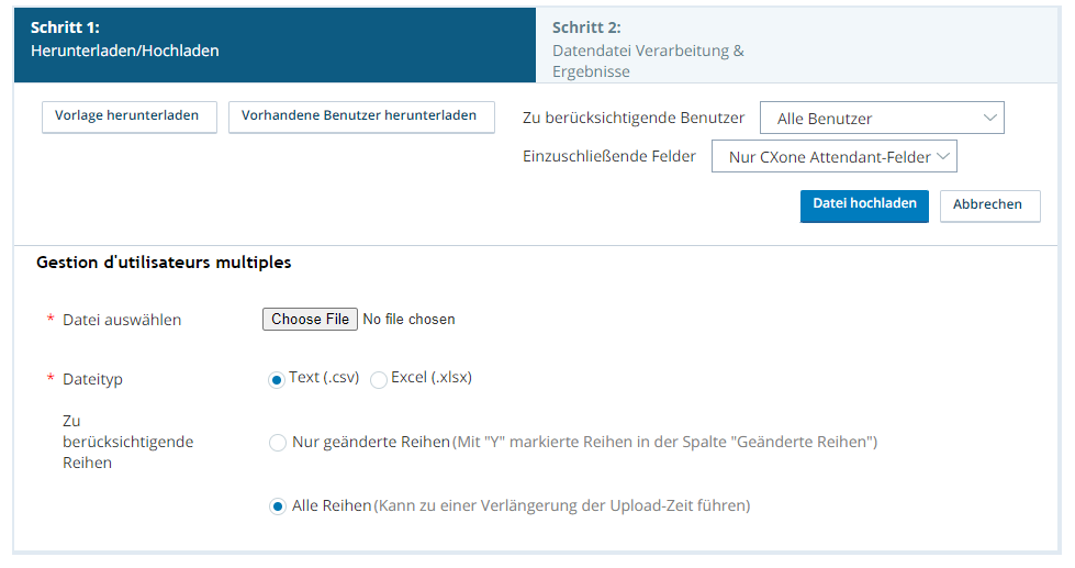 Die Seite „Mehrere Benutzer verwalten“ mit der Option „Nur CXone Attendant“-Felder, die in der Dropdown-Liste „Einzuschließende Felder“ ausgewählt wurde.